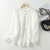 白色棉麻防晒衬衫女夏季薄款设计感小众法式长袖衬衣彩扣苎麻上衣