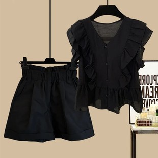黑色v领雪纺娃娃，衫女2024夏季荷叶，边衬衫短裤时尚两件套装潮