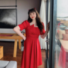 GLEC大码女装胖mm夏2022年高端定制红色方领礼服赫本风连衣裙