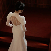 长袖轻婚纱旗袍裙复古蕾丝，中式婚服泡泡袖，2024夏季新娘出门纱