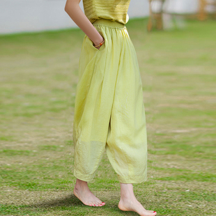鹅黄苎麻女裤设计感高级感灯笼裤显瘦松紧腰，舒适宽松萝卜裤夏季