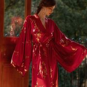 晨袍女新娘伴娘结婚新中式红色仙鹤高级感长款烫金睡衣浴袍睡袍夏