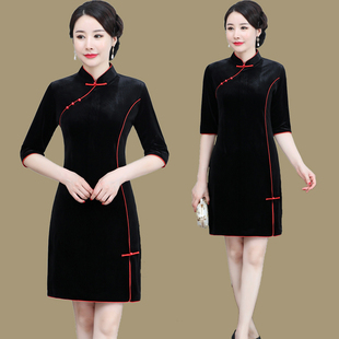 新式黑色改良版金丝绒旗袍年轻款女复古中国风时尚性感日常连衣裙