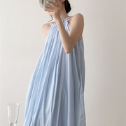 蓝色苎麻连衣裙女夏季法式温柔度假裙子露肩宽松设计感挂脖长裙