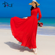 夏季红色雪纺长袖连衣裙女长款到脚踝2024年气质显瘦超长裙子