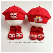 婴儿帽子红色秋冬贝雷帽，男女宝宝喜庆新年幼儿，针织帽子袜子套装潮