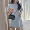 韩系chic夏季小香风气质，圆领多口袋宽松休闲直筒短袖小个子连衣裙