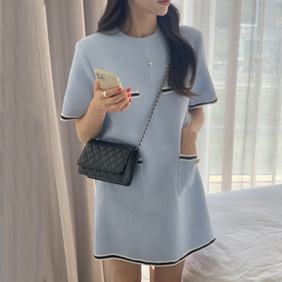 韩系chic夏季小香风气质圆领多口袋宽松休闲直筒短袖小个子连衣裙