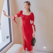 气质优雅正红色长款连衣裙复古方领高腰开叉一步裙夏美少女高级感