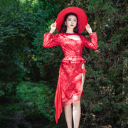 Magic Q独家原创设计 华丽轻奢红色蕾丝不规则包臀高腰半身裙