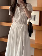韩国东大门夏季小众气质翻领一片式绑带收腰显瘦短袖衬衫连衣裙女