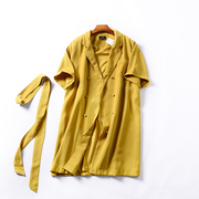 时尚女装 黄色西装领短袖单排扣中长款外套风衣女