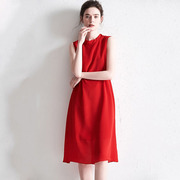 高端春夏季 欧美宽松裙子时尚气质红色真丝无袖背心a字连衣裙