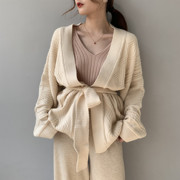20093-秋季外贸女装，美式系带精美扭花宽松厚实针织毛衣开衫