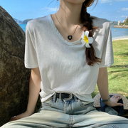 竹节棉短袖t恤女夏季宽松2024年v领棉麻，白色体恤冰丝薄款上衣