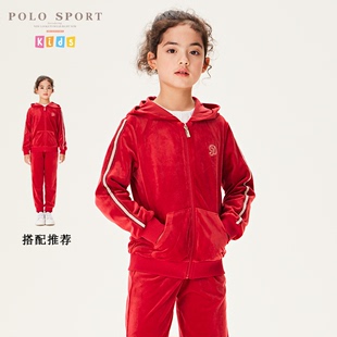 polosport童装女童卫衣2024春季儿童连帽天鹅绒外套运动上衣