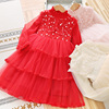 女童红色连衣裙秋冬毛衣，长袖针织网纱，亮片小女孩蛋糕裙儿童裙