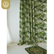 屋俪印花定制棕榈树美式欧式古典南洋复古自然风格深绿色丝绒窗帘