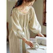诺比昂 法式慵懒风森系亚麻连衣裙秋季棉麻女装气质宽松长袖长裙