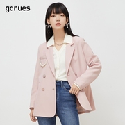 韩系早春穿搭2024年春装粉色外套女设计感小众双排扣西装外套