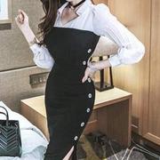 2022女装秋季韩版气质领假两件侧排扣包臀中长连衣裙女v
