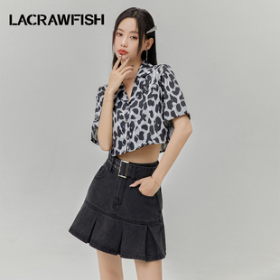 lacrawfish2024甜酷辣妹风短款豹纹，上衣百搭翻领雪纺衬衫女