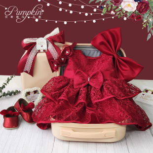 婴儿喜庆红色礼服裙子女宝宝小公主蕾丝玫瑰礼盒周岁生日宴送礼物