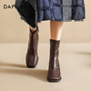达芙妮棕色靴子女2023秋冬及踝靴法式瘦瘦高跟粗跟方头小短靴