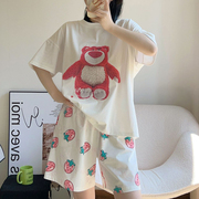 草莓熊卡通(熊卡通)可爱甜美小清新夏季女睡衣短袖短裤纯棉薄款可外穿套装
