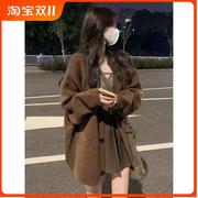 韩国设计感咖色针织外套女春秋宽松中长款纯色复古慵懒风开衫
