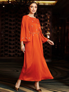 民族风燃橙色手工缝钻针织连衣裙中东迪拜聚会礼服长袖纯色