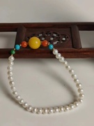 天然圆形珍珠原创设计带蜜蜡手链
