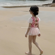 儿童泳衣女童短袖露背分体半身纱裙泳衣套装小草莓公主裙式比基尼