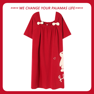 俞兆林睡裙女士夏季短袖，纯棉可爱红色睡衣，薄款休闲家居服连衣裙子