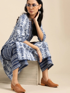 印度民族风传统服饰女套装，纯棉印花旁遮比2件套薄款蓝色