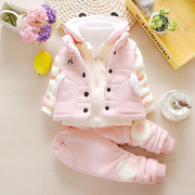 日本zd儿童装女童冬装加绒加厚套装，婴儿女宝宝冬季纯棉卫衣三件套