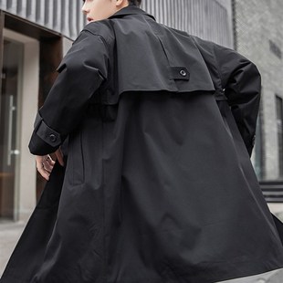 香港春秋季黑色风衣外套，男士中长版宽松大尺码潮流英伦风休闲大衣