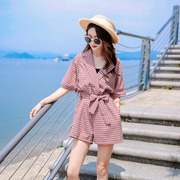 韩版夏装显瘦气质西装领粉色格子蝴蝶结收腰雪纺连体裤小短裤