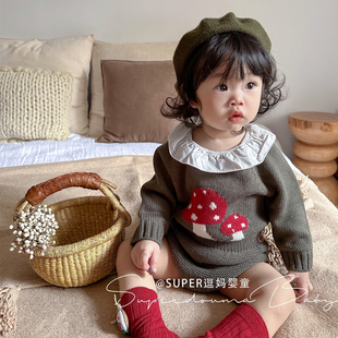 ins春秋冬季宝宝针织蘑菇，上衣+三角，短裤套装欧美婴儿套头毛衣