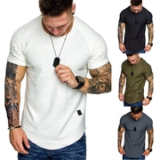 ebay 速卖通2019欧码外贸肩部褶皱设计纯色圆领短袖T恤