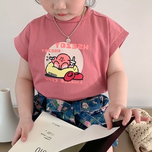 韩国童装夏季女童短袖T恤女宝宝卡通无袖纯棉上衣粉色软糯透气潮