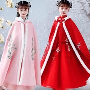 中国风儿童汉服斗篷冬季加厚披肩日常复古连帽披风外套挡风被外出