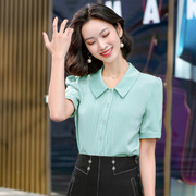 绿色娃娃领衬衫女雪纺衬衫夏短袖(夏短袖，)韩系设计感薄款衬衣上衣韩版百搭