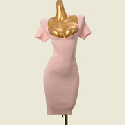 美国时尚品牌辣妹露胸短袖，连衣裙螺纹高弹修身型性感，针织包臀裙