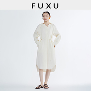 芙蕖fuxu法式休闲慵懒白色长袖连衣裙，v领收腰显瘦简约中长裙子女