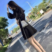 2019早初秋季黑色长袖气质赫本风，连衣裙修身收腰泡泡袖a字连衣裙