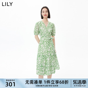 lily夏女装(夏女装)浪漫艺术印花法式复古茶歇裙，高腰五分袖连衣裙