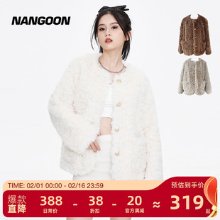 nangoon皮毛一体高级感毛毛外套2023冬季女小个子白色上衣潮