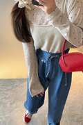 韩版薄款圆领波点长袖T恤女米色针织背心两件套套装2024春