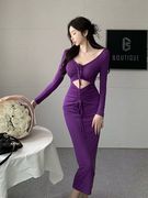 性感紫色V领连衣裙女镂空露腰紧身包臀裙冬季显瘦气质御姐范长裙